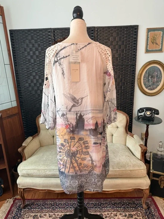 🐦 NWT Cream Addie Dress Chalk Print Lace Shoulder Sheer Boho Tunic EU 36 - Picture 8 of 14